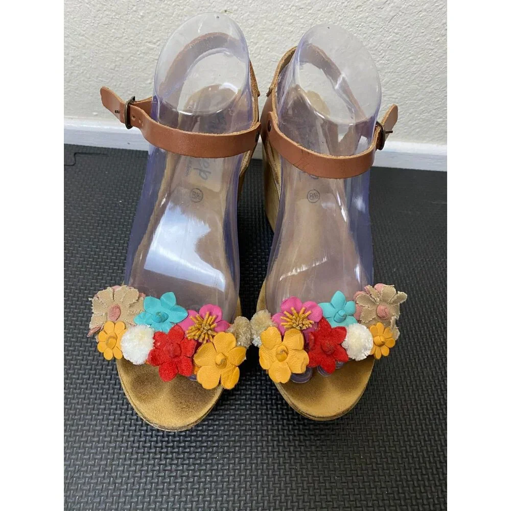 Bios Step Leather Fabric Flower‎ Wedge Sandals Brown Size 8.5 Whimsical Feminine